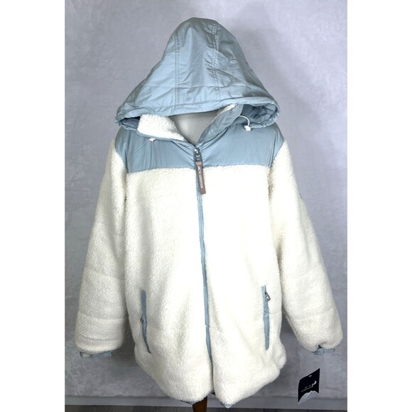 Artic Expedition Women's Berber Coat Hidden Hood Ivory Blue-Grn Size Medium NEW - Picture 1 of 16